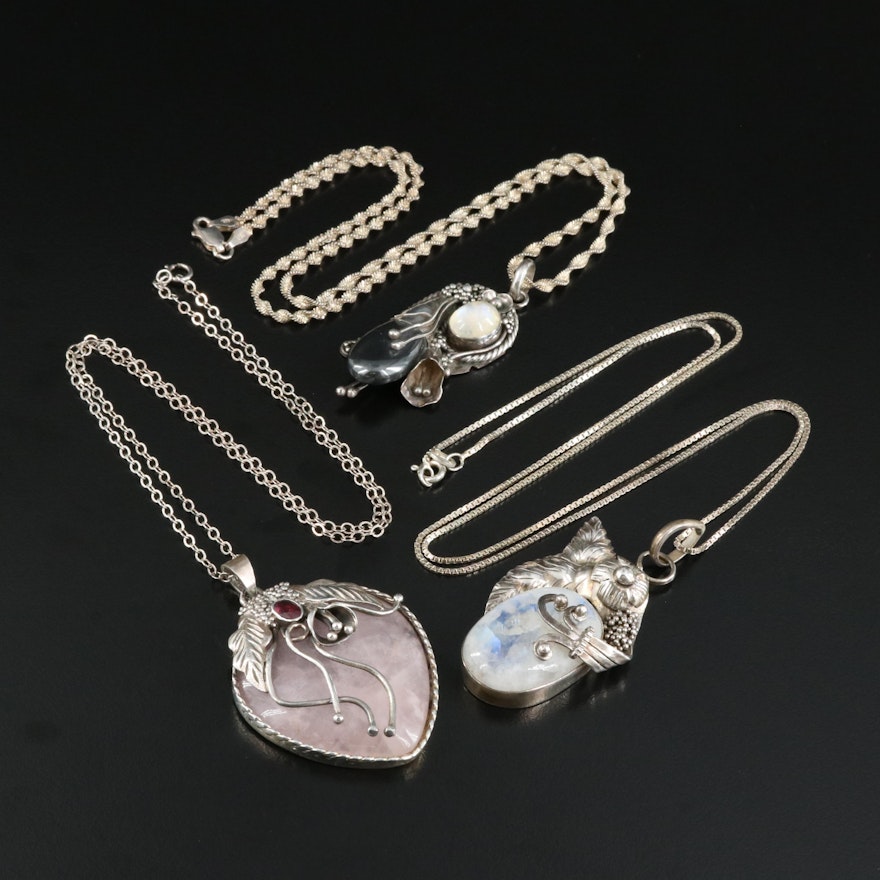Sterling Pendant Necklaces Including Rainbow Moonstone, Rose Quartz and Garnet