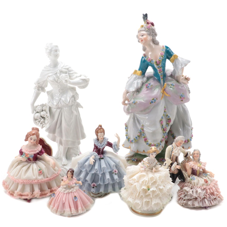KPM Blanc de Chine with E & A Müller and Other Dresden Lace Figurines