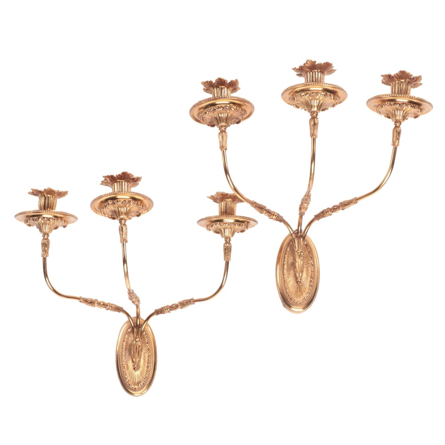 La Barge Neoclassical Three-Arm Brass Wall Candle Sconces, 21st Century