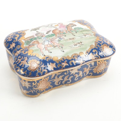 Chinese Export Style Hunting Scene Porcelain Box