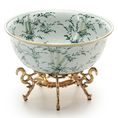 Chinese Shunzhi Period Style Crackle Glaze Bamboo Motif Porcelain Bowl