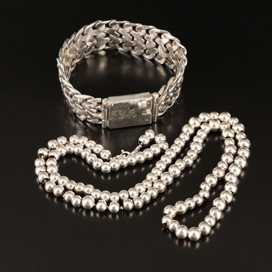 Sterilng Double Curb Chain Bracelet and Bead Necklace