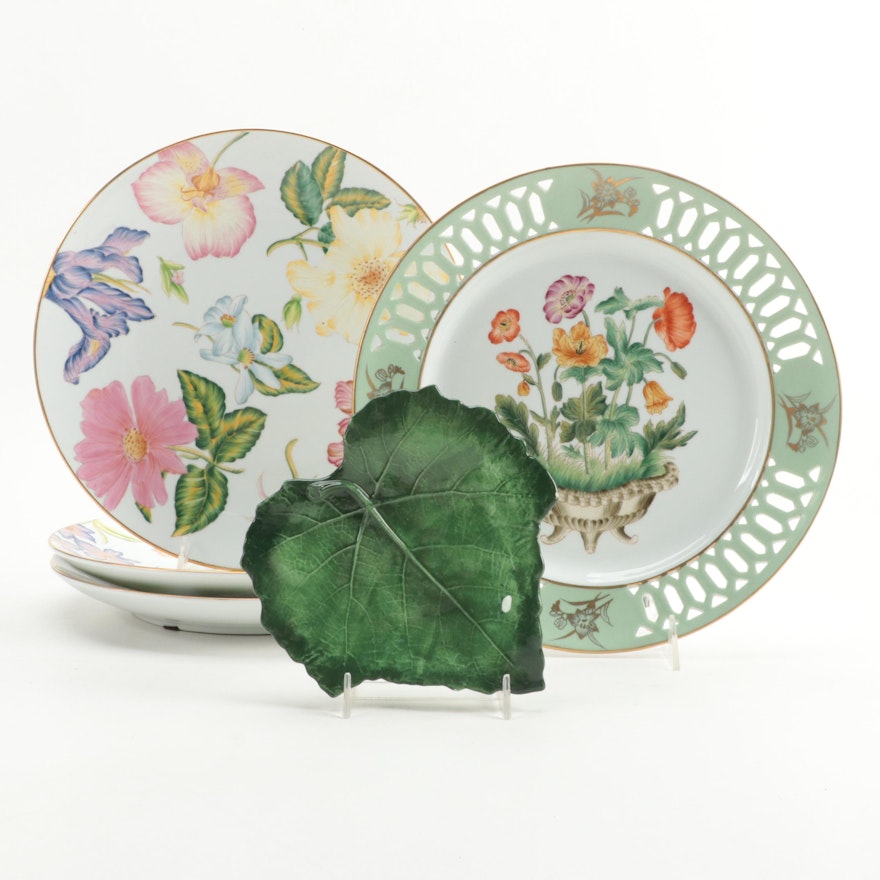 Vietri Ceramic Leaf Dish and Varied Floral Transfer-Decorated Plates