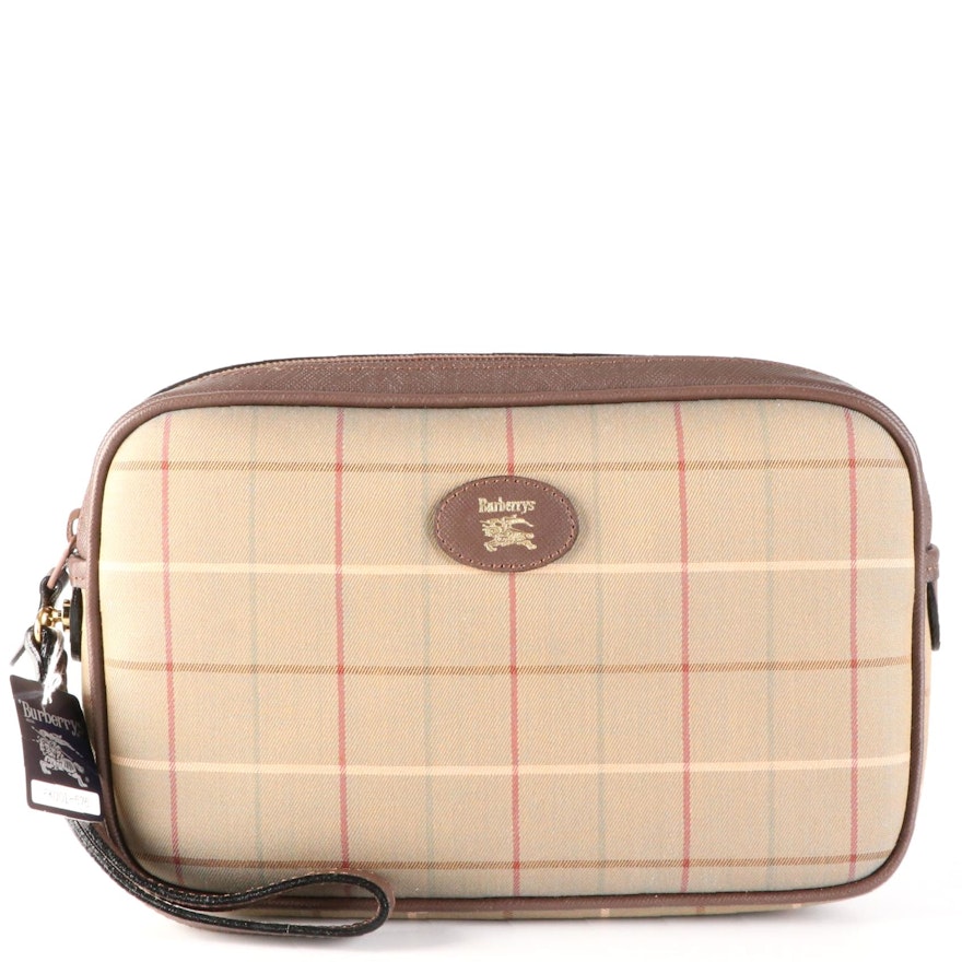 Burberrys Check Canvas Pouch with Cross Grain Leather Trim