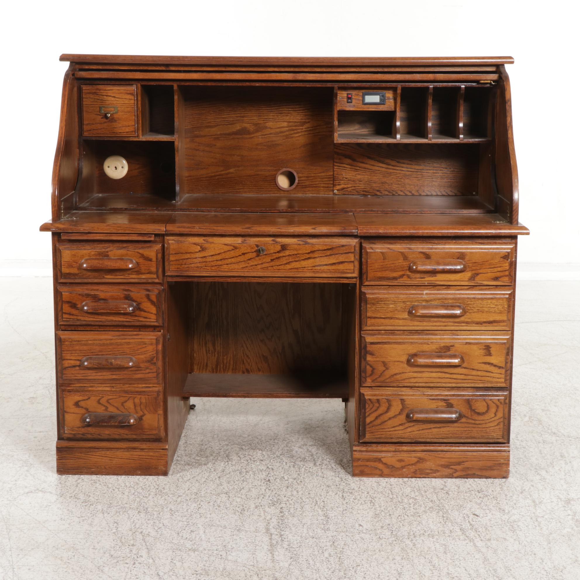 Oak Roll Top Computer Desk, Late 20th Century EBTH