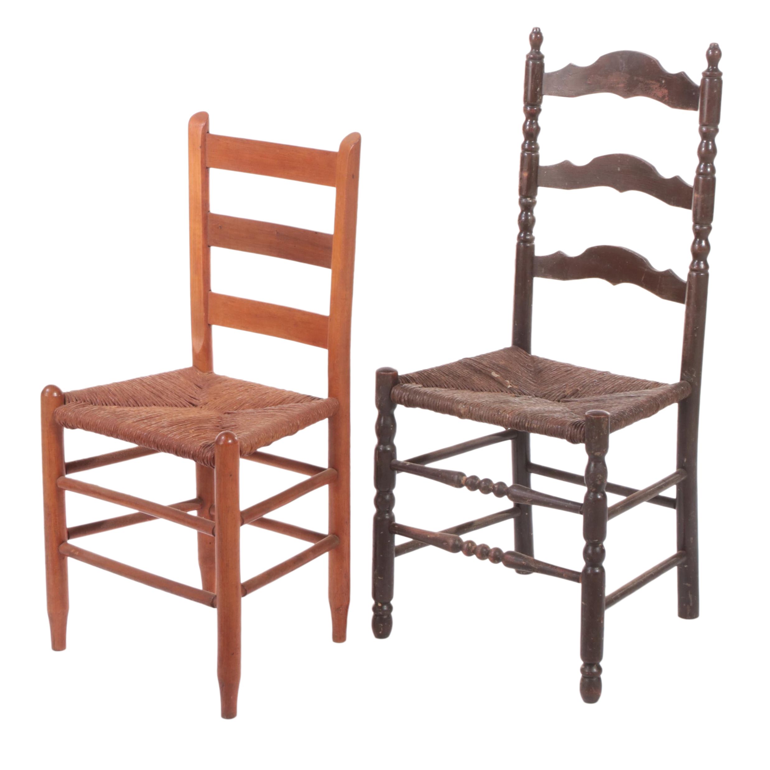 Two American Primitive Style Wooden Ladderback Chairs with Rush Seats
