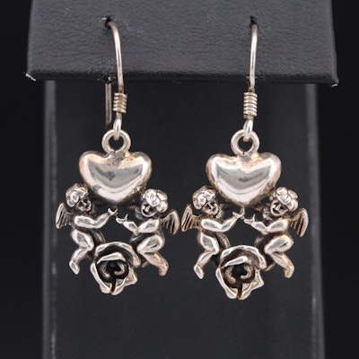Sterling Cupid, Heart and Rose Earrings