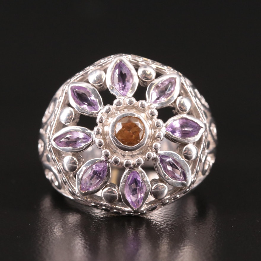 Sterling Citrine and Amethyst Tapered Flower Ring