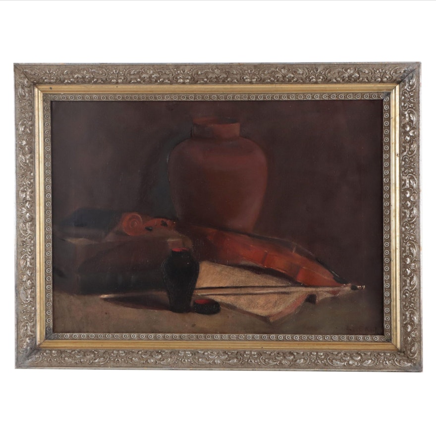 Anna B. Martin Still Life Oil Painting of Vessels and Violin, Late 19th Century