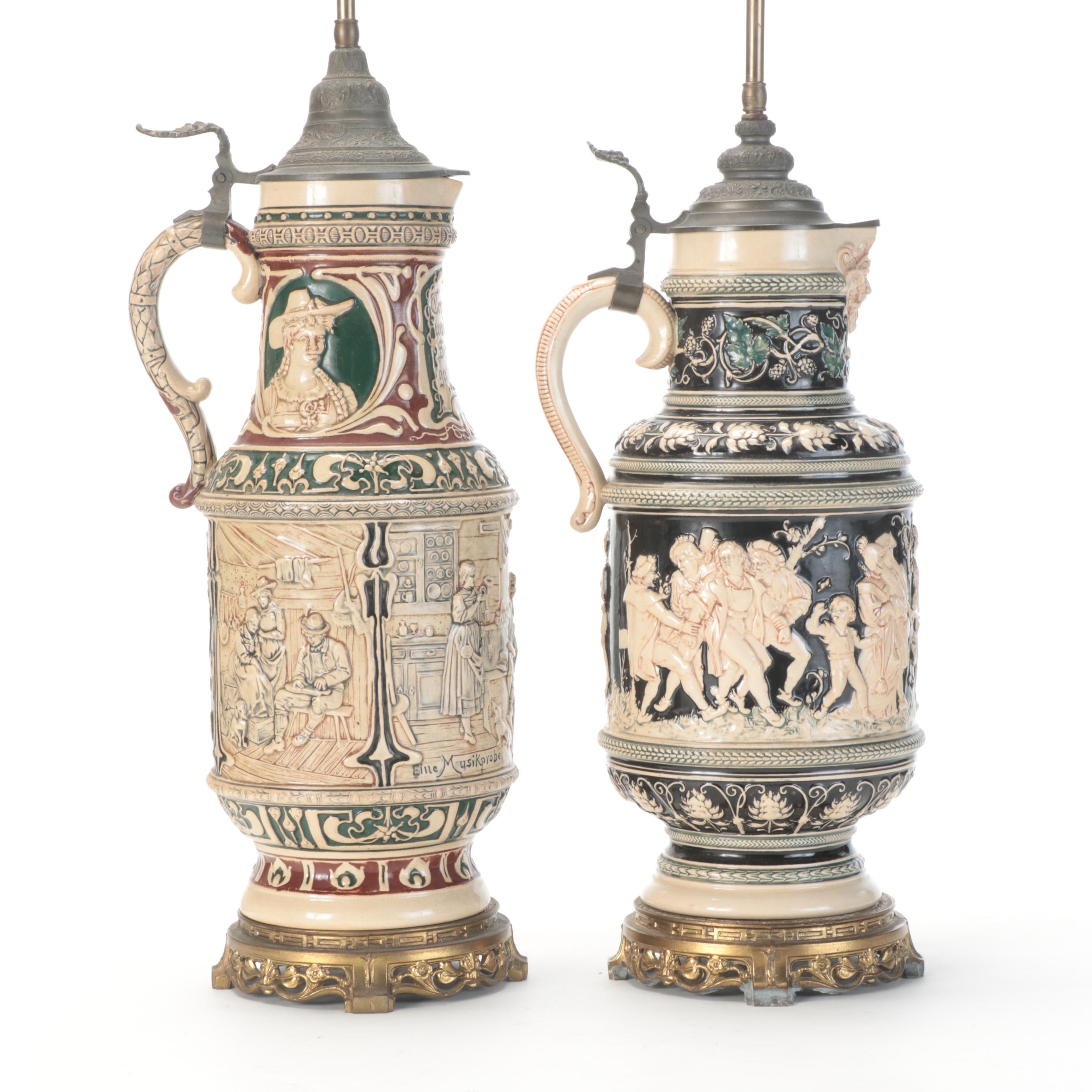 Pair of German Stoneware and Pewter Beer Stein Lamps EBTH