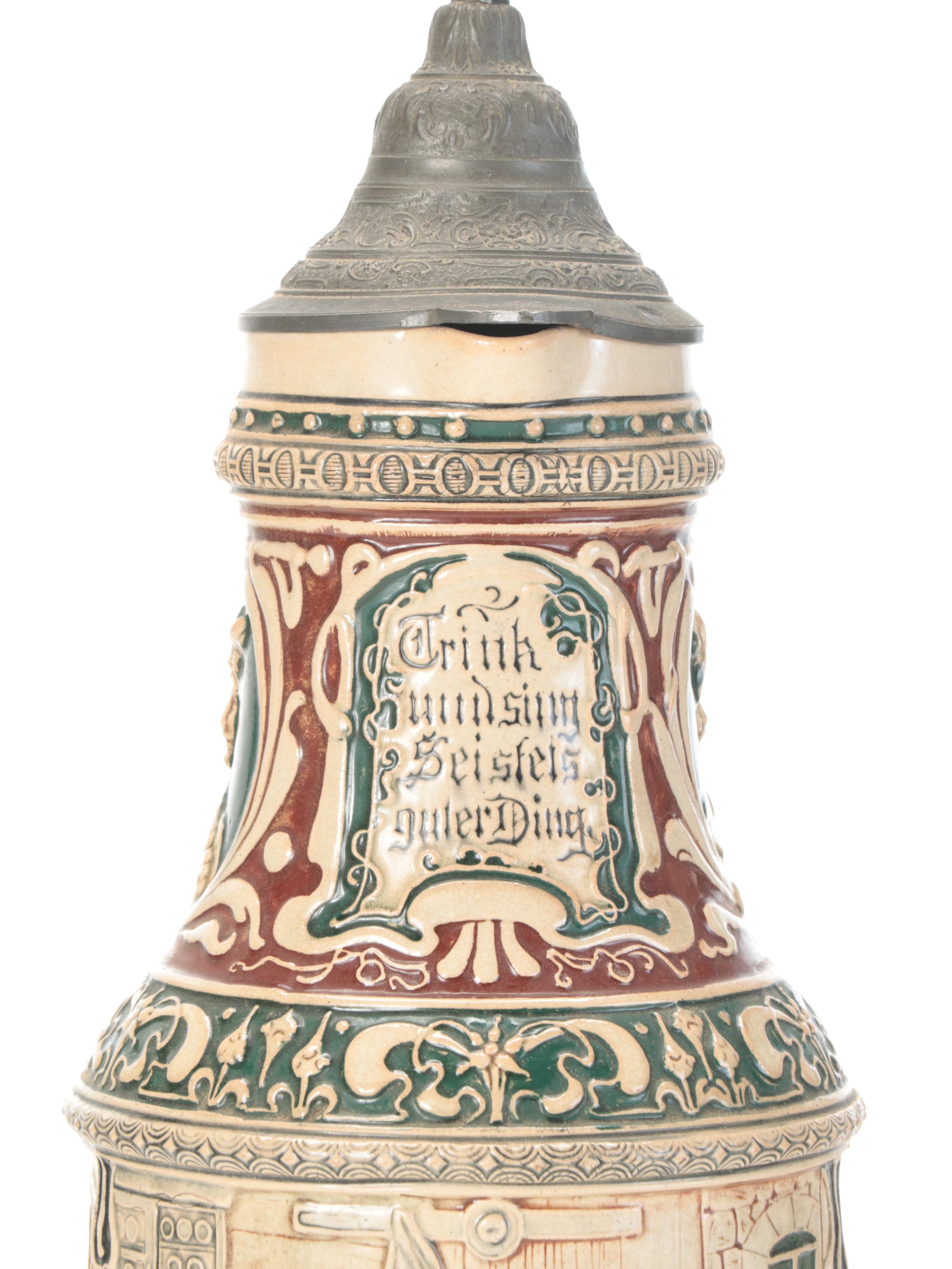 Pair of German Stoneware and Pewter Beer Stein Lamps EBTH