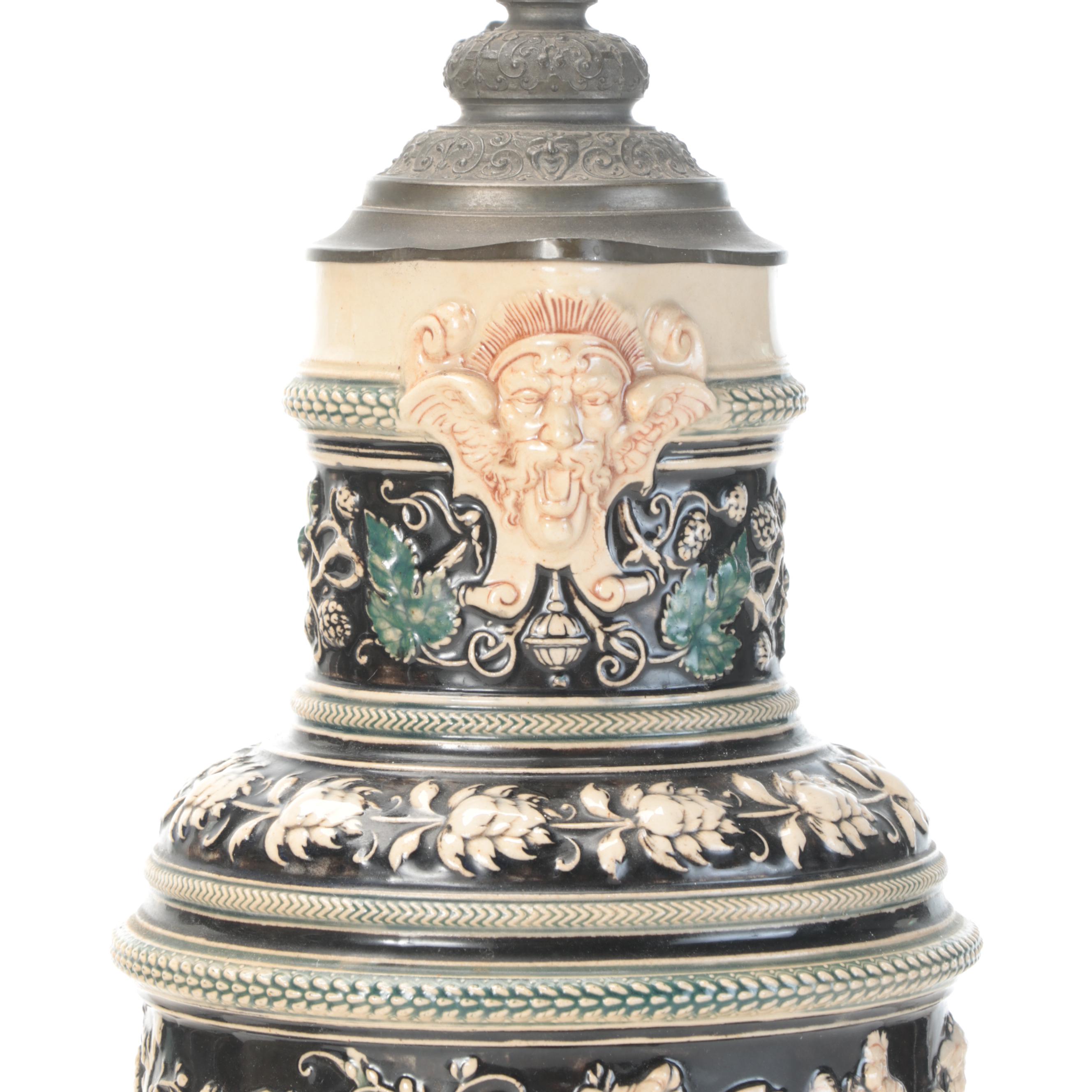 Pair of German Stoneware and Pewter Beer Stein Lamps EBTH