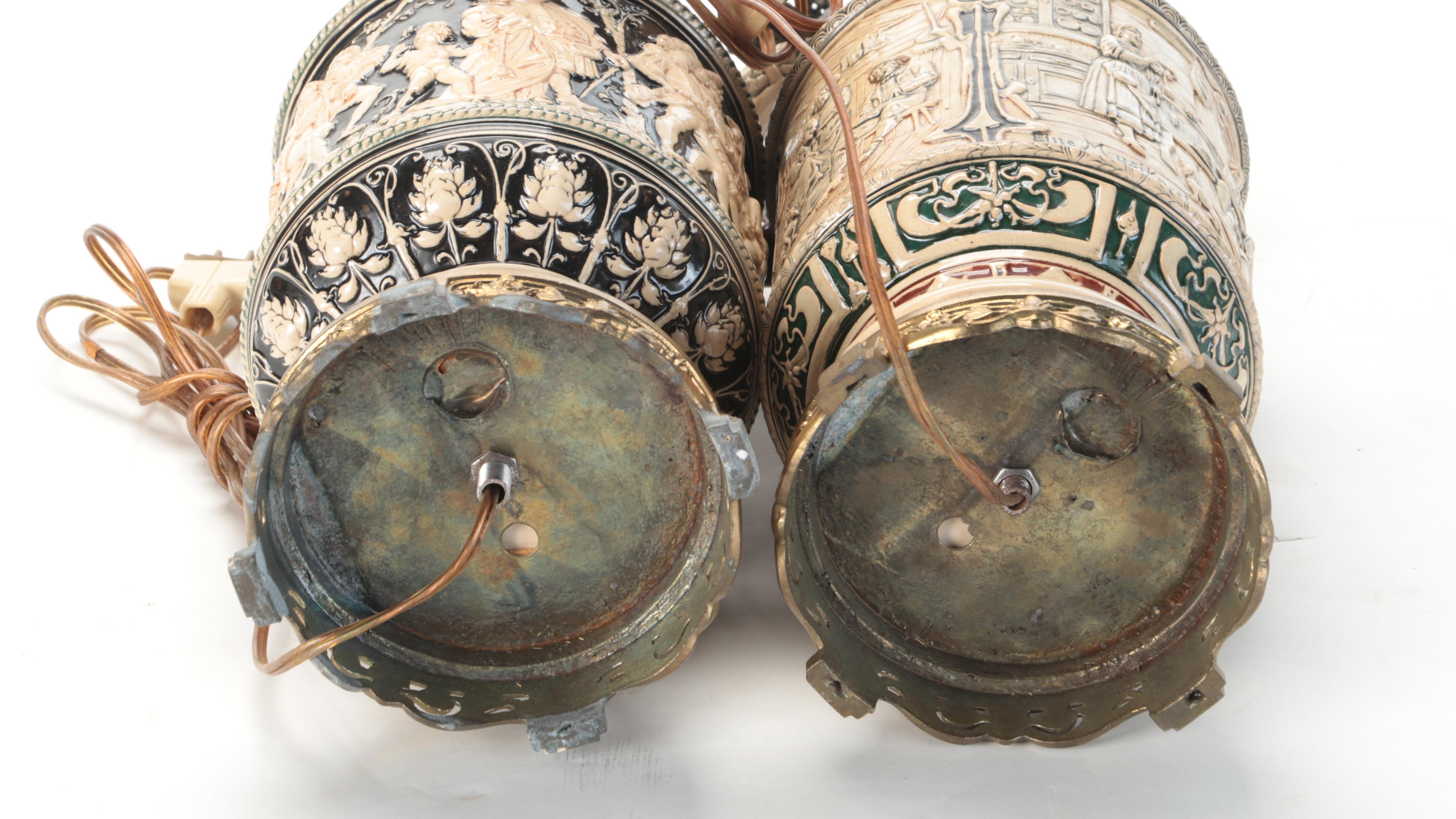 Pair of German Stoneware and Pewter Beer Stein Lamps EBTH