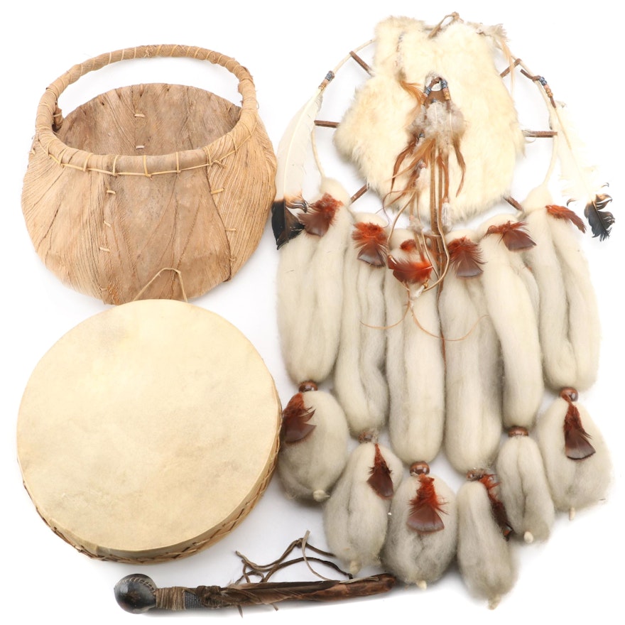 Dream Catcher With Hand Drum, Stick and Woven Palm Bark Bag