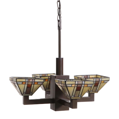Prairie Style Four-Arm Slag Glass Chandelier, Mid to Late 20th Century