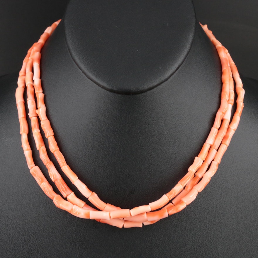 Graduated Triple Strand Branch Coral Necklace with 14K Clasp