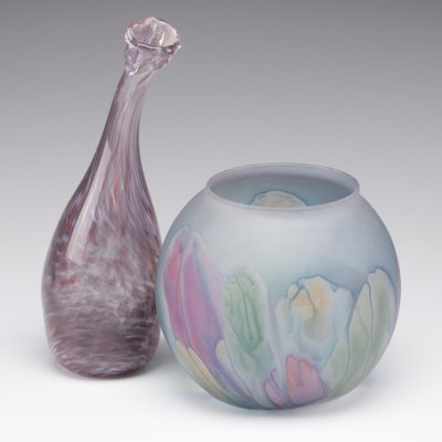 Art Nouveau Glass Company Painted Rueven Glass Vase and Pulled Art Glass Vase