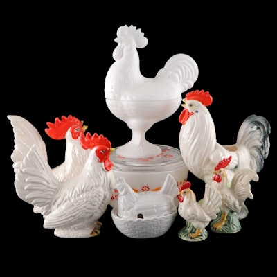 Milk Glass  and Other Nesting Boxes with Figurines and Kitchenware