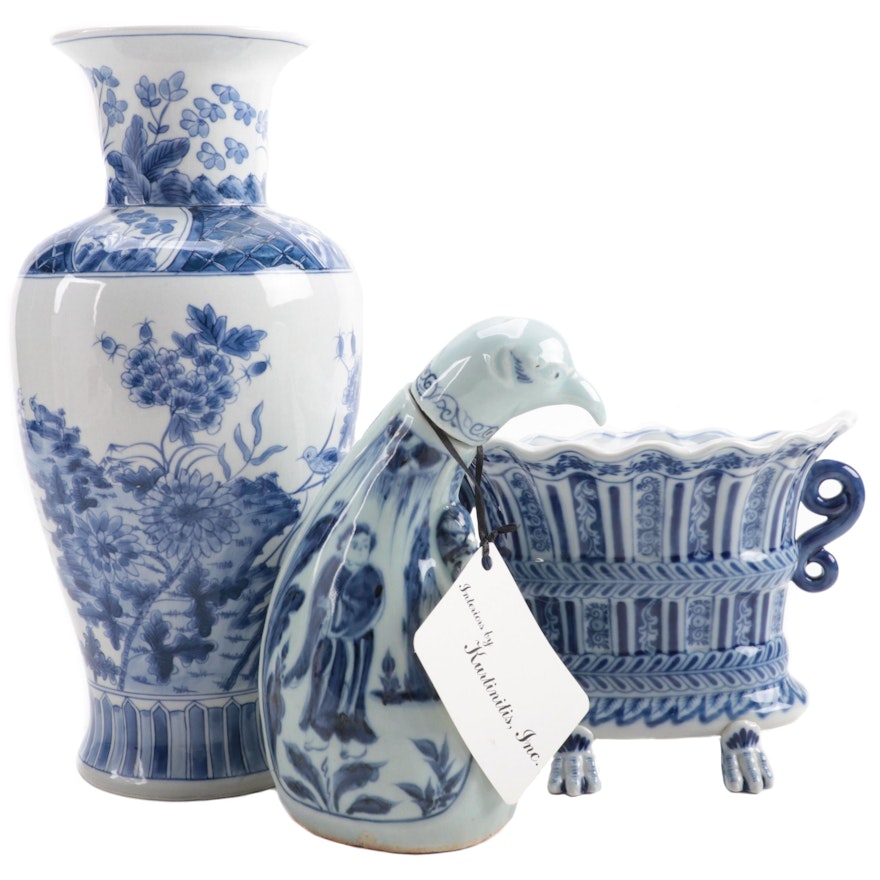 Jeanne Reed's and Other Chinese Blue and White Porcelain Vase, Bowl and Figurine