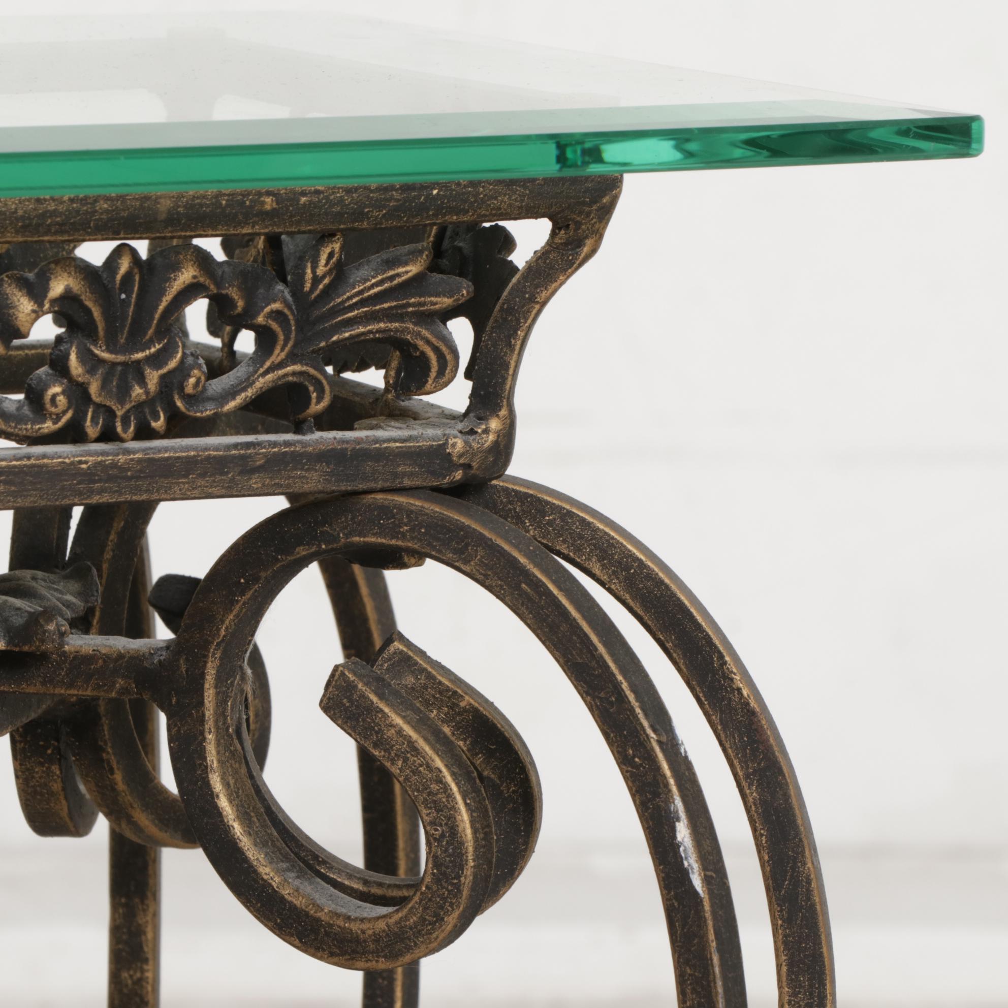 French Provincial Style Scrolled Metal and Beveled Glass Top Plant