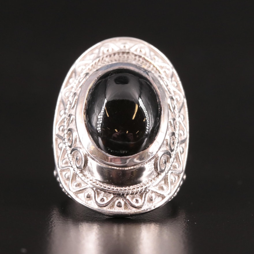 Sterling Black Onyx Saddle Ring with Scrollwork Accents