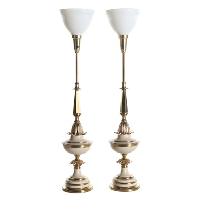 Pair of Brass and Enamel Torchiere Table Lamps Attributed to Stiffel