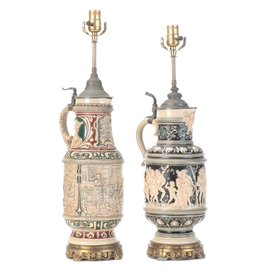 Pair of German Stoneware and Pewter Beer Stein Lamps