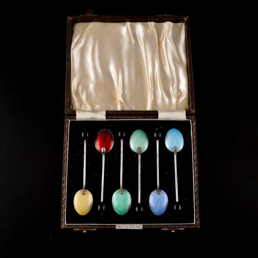 Henry Clifford Davis Sterling Silver and Guilloché Enamel Demitasse Spoons