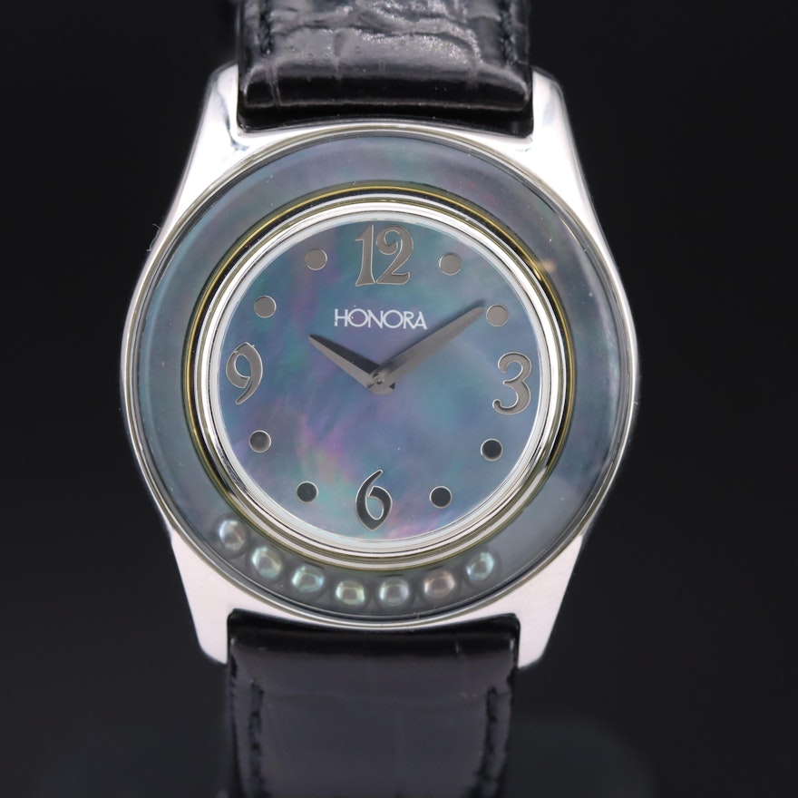 Stainless Steel Honora Mother-of-Pearl  Dial and Floating Black Pearl Wristwatch
