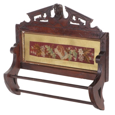 Victorian Eastlake Carved Wood Towel Rack with Needlepoint, Late 19th C.