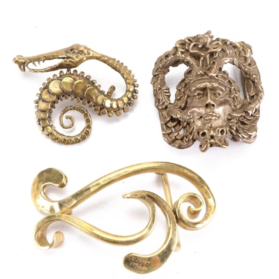 Carl Tasha Serpent and Fish Brass Belt Buckles with Other Figural Buckle