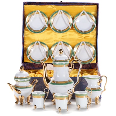 Chinese Gilt Accented Porcelain Tea Set with Silk Box, Mid to Late 20th C.