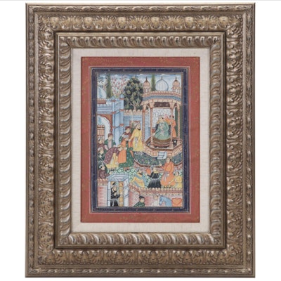 Indo-Persian Mughal Gouache Painting of Noble Courtyard