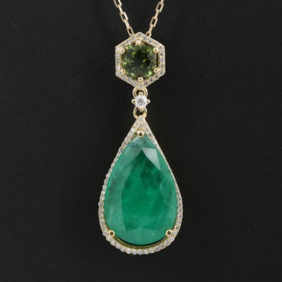 Italian 14K 7.51 CT Emerald, Tourmaline and Diamond Pendant Necklace