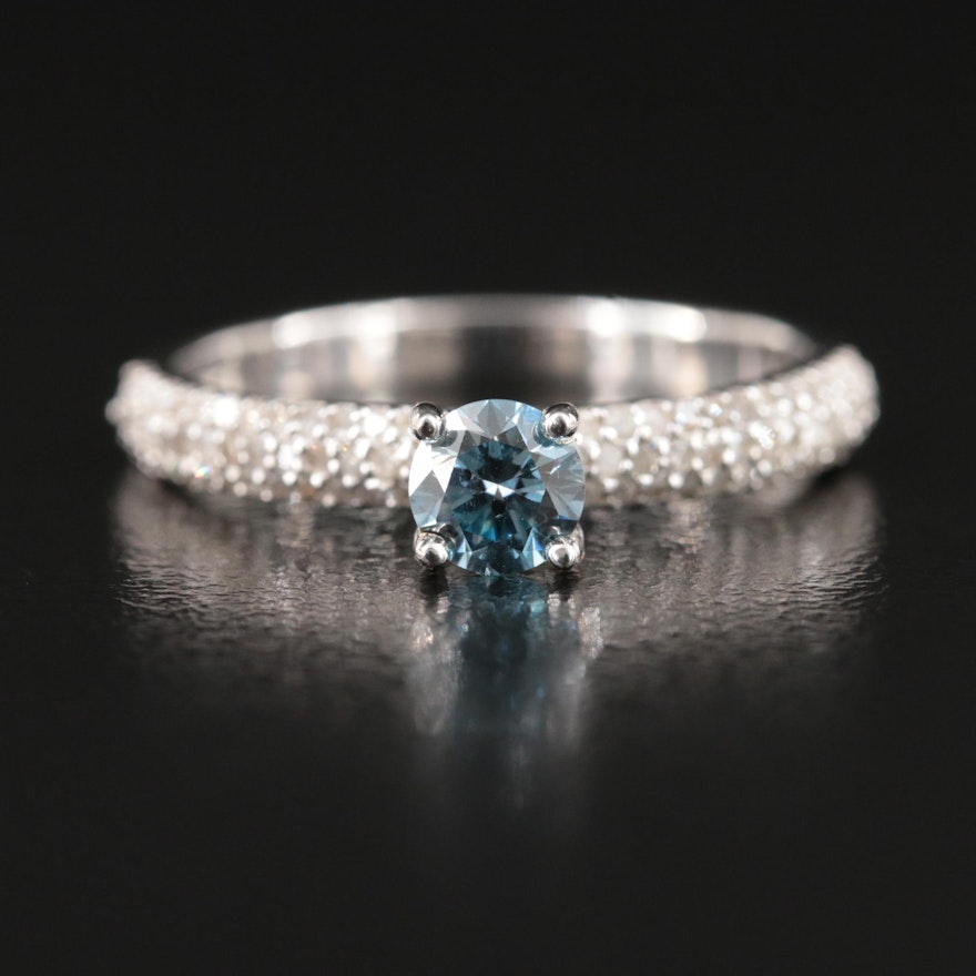 14K 0.82 CTW Diamond Ring with Pavé Shoulders and Fancy Blue Center