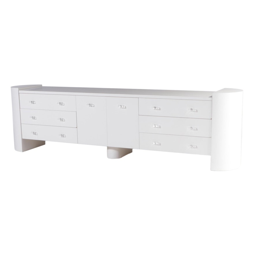 Post Modernist White Laminate Six-Drawer Credenza with Acrylic Handles