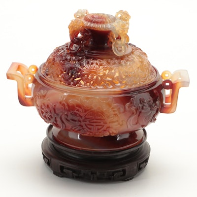 Chinese Carved Agate Carved Censer on Hardwood Stand