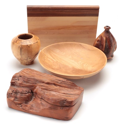 Bruce Hoskins Spalted Sycamore Vase, Other Turned Wood Vase, Box, Bowl and Board