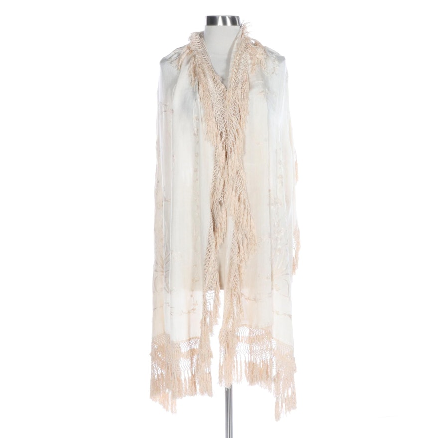 Floral Embroidered Oblong Piano Shawl in Cream Silk with Hand-Knotted Fringe