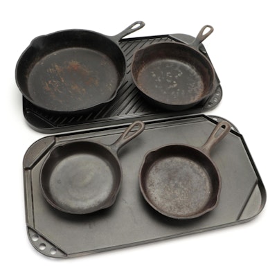 Wagner Ware and Other Cast Iron Skillets with Reversible Griddle Pans
