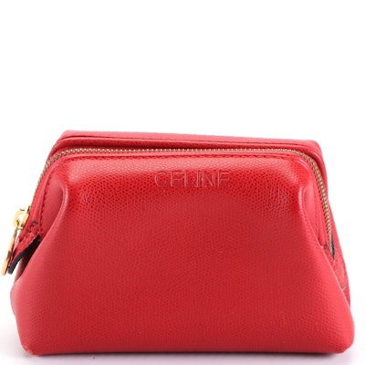 Celine Frame Top Cosmetic Pouch in Red Grained Leather