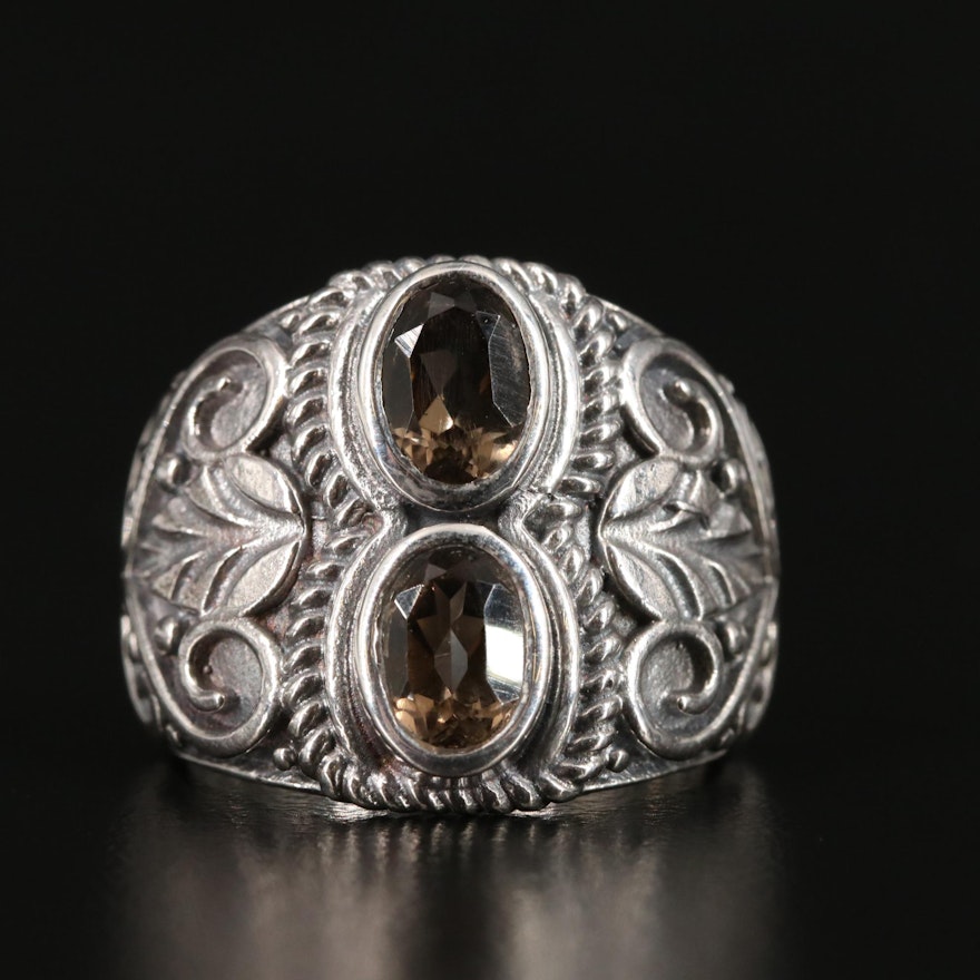 Sterling Smoky Quartz Ring with Scrollwork and Leaf Accents