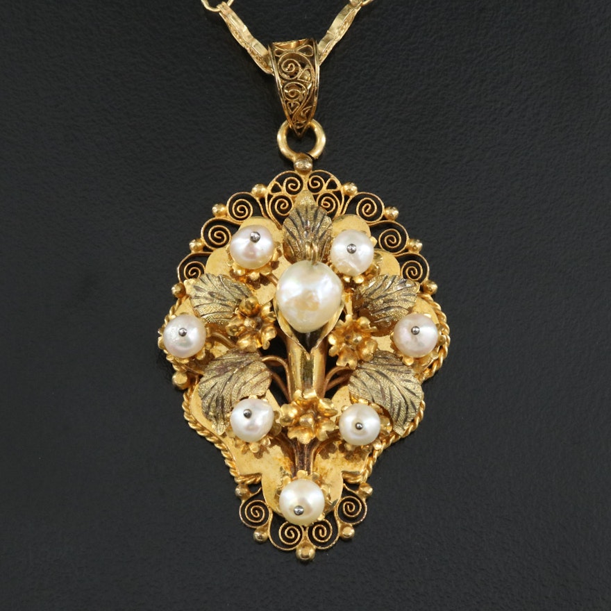 10K Cultured Pearl Filigree Floral Necklace with Green Gold Leaf Accents
