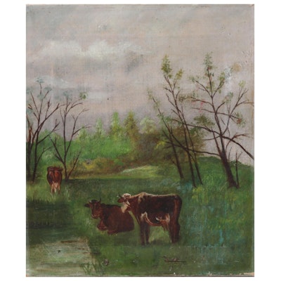 Cattle in Pasture Oil Painting, Early 20th Century