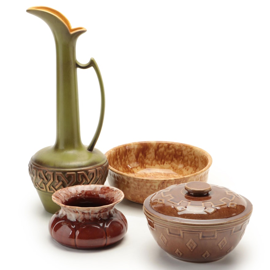Brush Ceramic Spittoon with Yellowware Bowl and Casserole and Ewer Vase