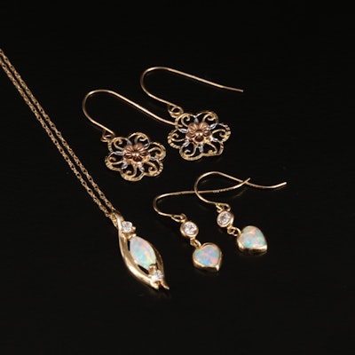 10K Opal and Cubic Zirconia Necklace and Earrings