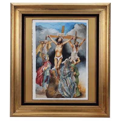 C. M. Dupri Watercolor Painting of Jesus's Crucifixion, 1988