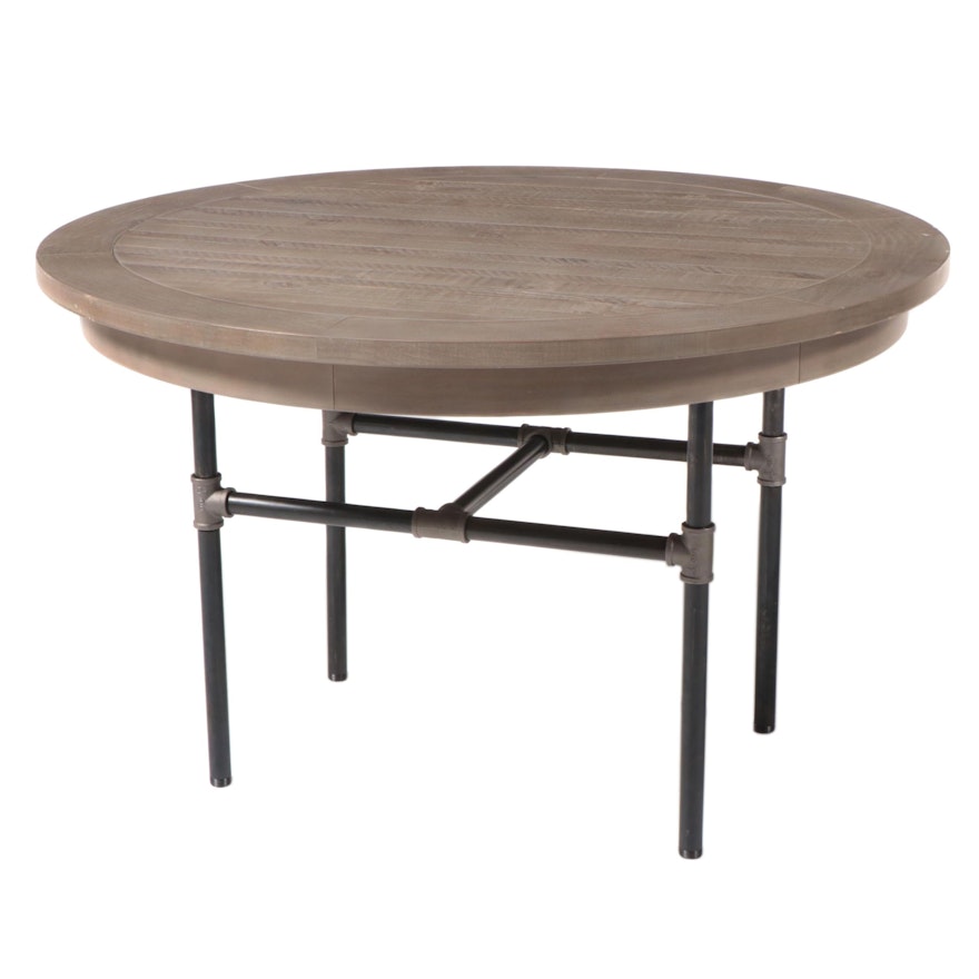 Round Plank Top Dining Table in Weathered Finish on Pipe Frame Base