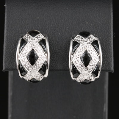 14K Black Onyx and Diamond Half Hoop Earrings