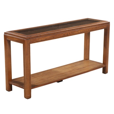 Fruitwood-Grained, Caned and Glass Top Console Table, 1970s